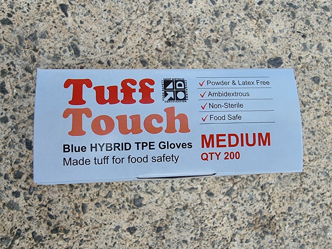 5  x 200 Tuff Touch TPE Gloves Blue Hybrid Food Safe Medium Powder & Latex Free