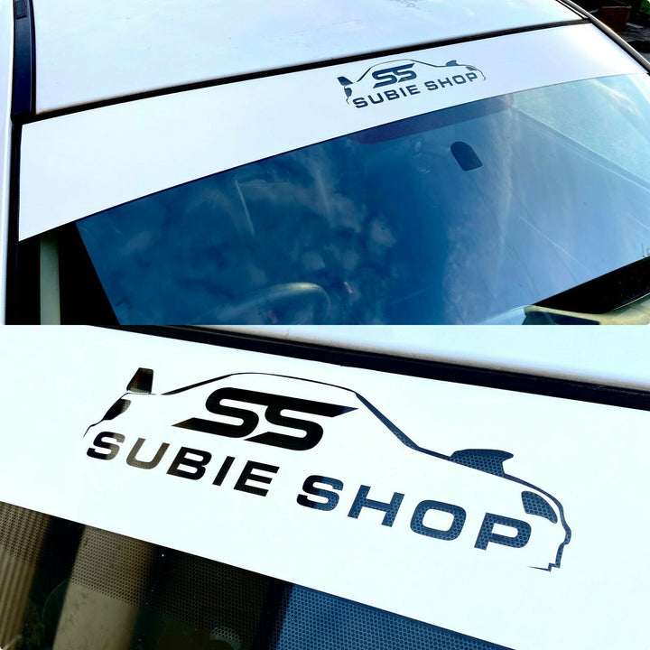 SUBIE SHOP Windshield Reverse Cut Windscreen Banner Sun Strip Decal Sticker WHT