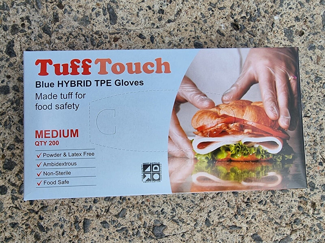 5  x 200 Tuff Touch TPE Gloves Blue Hybrid Food Safe Medium Powder & Latex Free