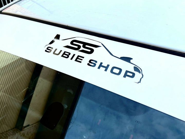 SUBIE SHOP Windshield Reverse Cut Windscreen Banner Sun Strip Decal Sticker WHT